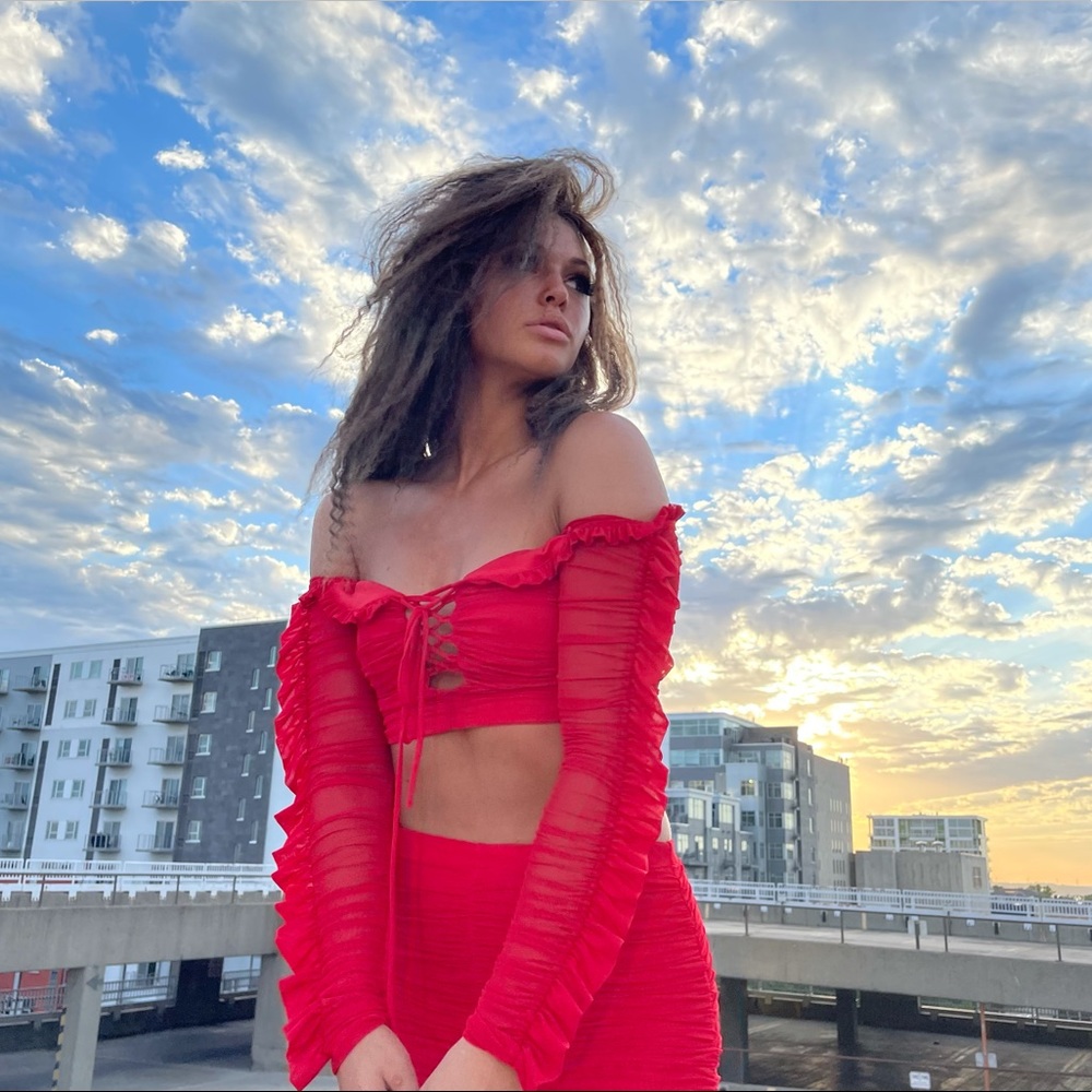 Bright Red Top and Skirt. Size small